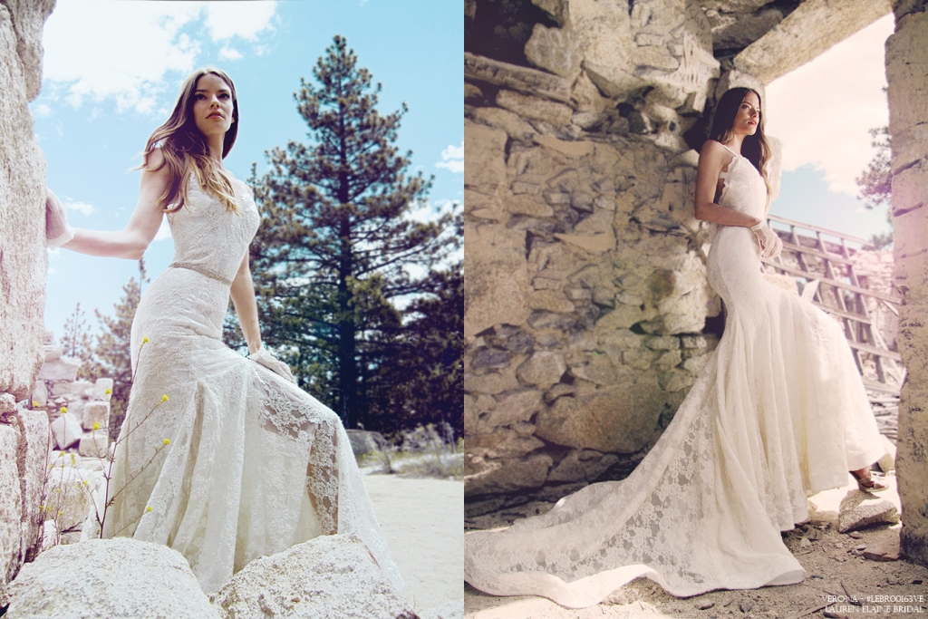 Backless lace wedding dresses with cathedral trains by Lauren Elaine