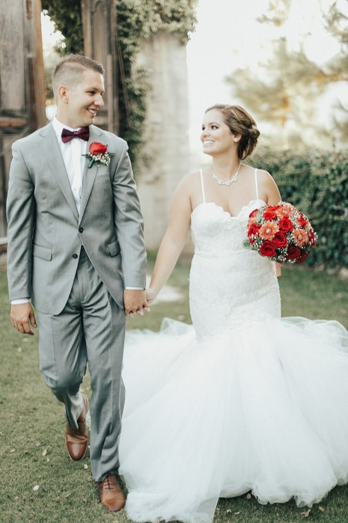 Bride Allyson's wears a custom "Calais" gown by Lauren Elaine Bridal at Whispering Rose Ranch in Solvang, CA
