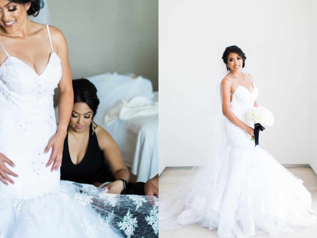 Bride Kimberly gets ready for her wedding in her mermaid gown by Lauren Elaine.